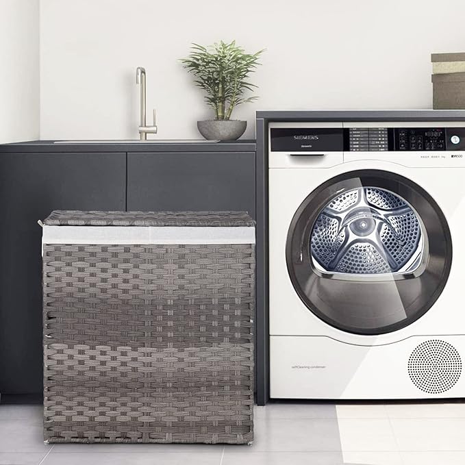 Paylesshere Laundry Basket Handwoven Laundry Hamper 90L/110L Foldable Rattan Laundry Hamper With Lid,2 Removable Liner Bags & 6 Bags,Clothes Bathroom Basket,Grey