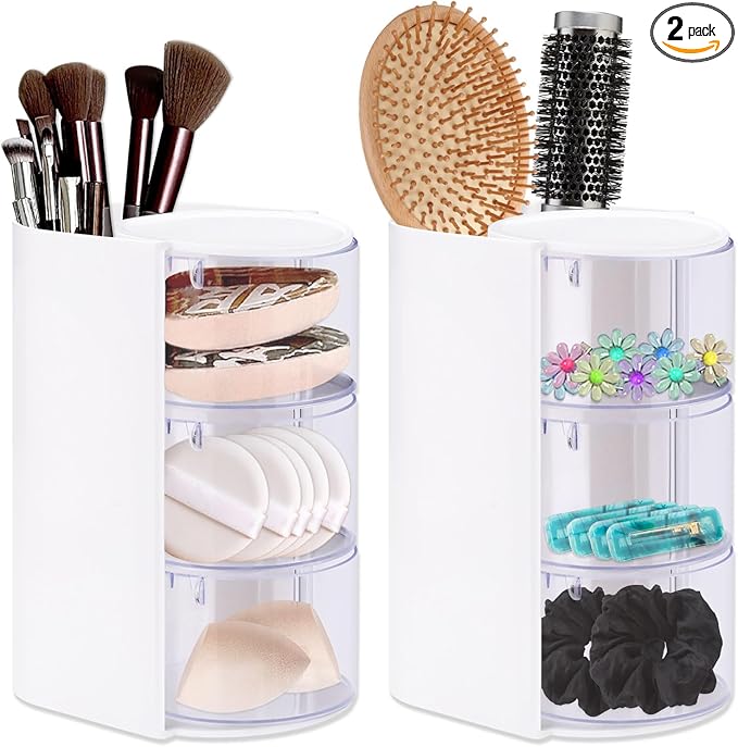 2 Pack Hair Accessories Organizer with Hair Brush Holder, 3-Tier Clear Rotatable Drawer Makeup Sponge Holder, Bathroom Qtip Cotton Swab/Pad/Ball Dispenser Jewelry Box (White)