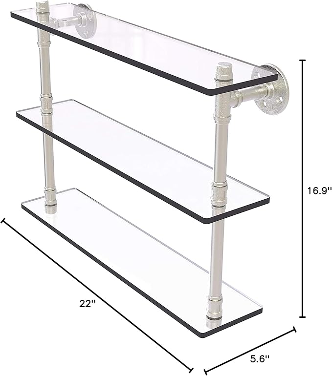 Allied Brass P-440-22-TGS Pipeline Collection 22 Inch Triple Glass Shelf, Satin Nickel