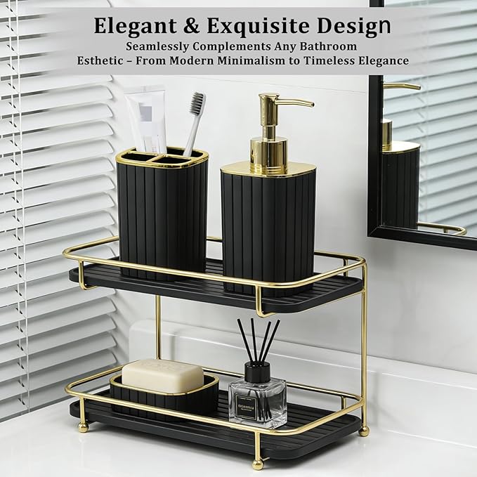 Bathroom Accessories Set 2 PCS- Black and Gold Bathroom Accessory Set, Bathroom Toothbrush Holder Set Includes Soap Dispenser and Toothbrush Holder for Boho Home Bathroom Decor