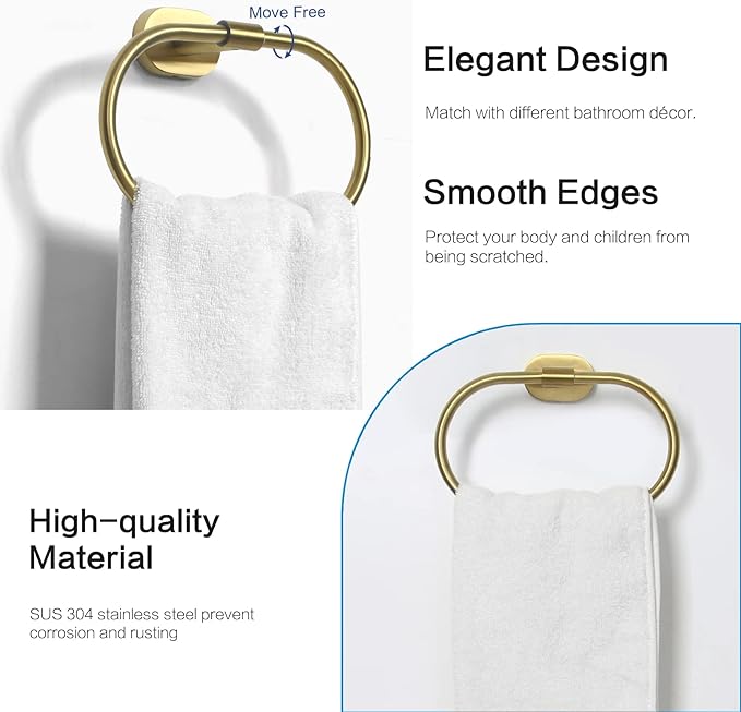 HouseAid Oval Towel Holder for Bathroom, Stainless Steel Towel Ring, Modern Bathroom Hand Towel Rack, Wall Mounted, Brushed Gold