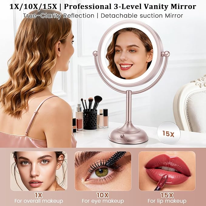 VESAUR Lighted Makeup Mirror Rose Gold Nickel, Double Sided 1X/10X HD Undistorted Magnifying Mirror, 8.5" Vanity Mirror with 3 Colors Dimmable 90 Bright LEDs, 360°Swivel Two Power Supply, Luxury Gifts