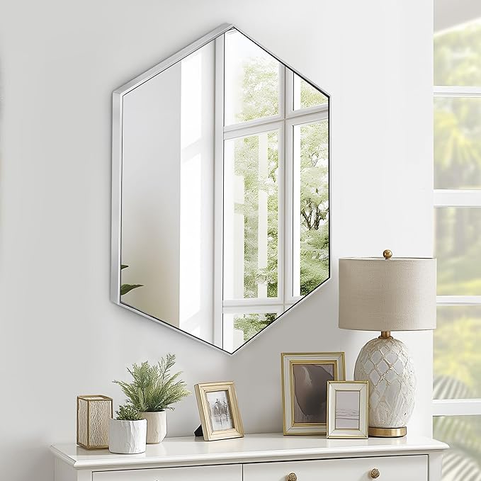 SogesHome Bathroom Medicine Cabinet with Mirror, Hexagon Mirror with 3-Tier Cabinet, Stainless Steel Frame and 2 Shelves for Bathroom, Bedroom, Entryway, Silver
