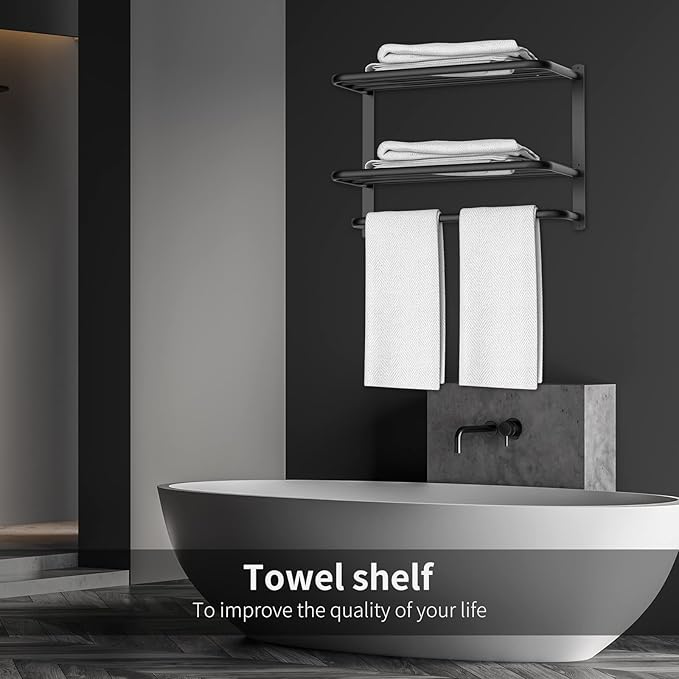 CAXIMSY 22.8Inch Towel Rack for Bathroom and Lavatory Towel Hanger with Wall Mount Towel Bars 304 Stainless Steel No Drill Tower Holder Shelf (3 Layers Black Towel Rack)