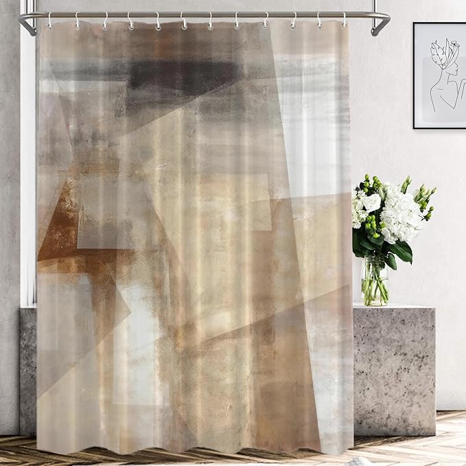 Shrahala Brown and Beige Abstract Art Painting Shower Curtain, Brushstrokes Abstract Brush Painting for Bathtubs Bathroom Decor Waterproof 72x72 inch
