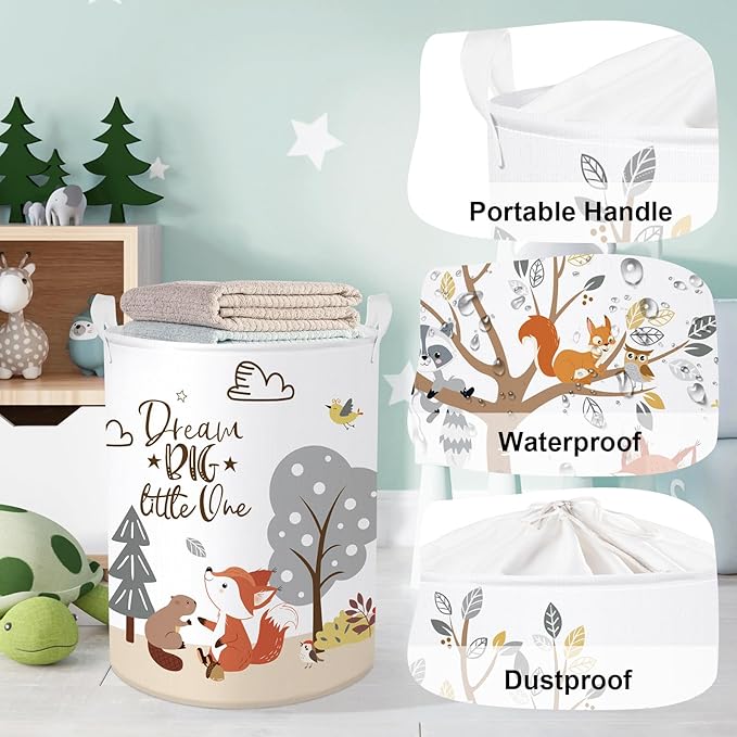Forest Animals Laundry Hamper Woodland Tree Large Storage Basket Parents Organizer Kids Clothes Toy Bins for Bedroom, Bathroom, Fox, 63L
