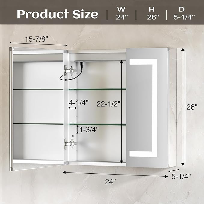 24x26 Inch Bathroom Medicine Cabinet with Mirror, Lighted Bathroom Mirror with Storage, Recessed /Surface Mount Medicine Cabinet with Socket & USB, Anti-Fog, 3 Colors Temperature, Dimmable Light
