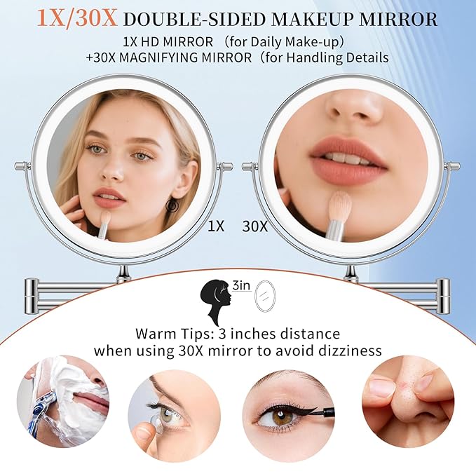 FUNTOUCH 5000mAh Rechargeable Wall Mounted Makeup Mirror with Lights, 9" Double Sided 1X/30X Magnifying Mirror with Dimmable 3 Color Light, Extended Swing Arm 360° Wall Mount Bathroom Mirror,Chrome
