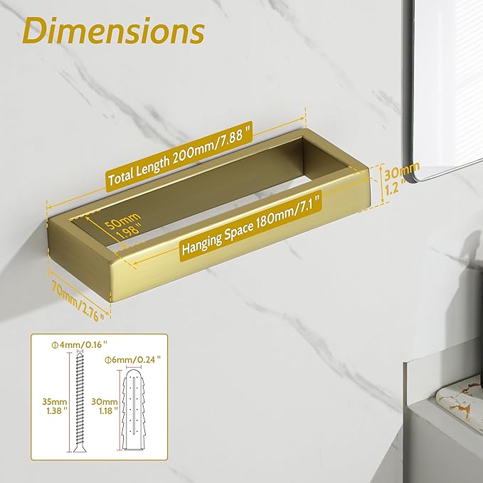 Sayayo Brushed Gold Towel Bar for Bathroom, 8 Inch Hand Towel Holder Wall Mount Square Towel Ring SUS304 Stainless Steel Towel Rack