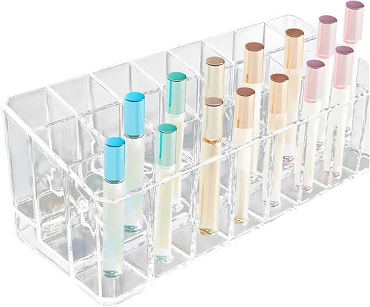 Klmnop Rollerball Perfume Organizer, 24 Space Beauty Scent Holder, Clear Perfume Storage Holder for Makeup Lipgloss Lipstick(Clear)