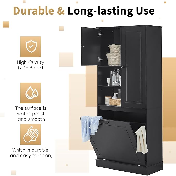 Virubi Tall Laundry Cabinet with Tilt Out Hamper, Wood Tall Laundry Room Cabinets with Doors, and Adjustable Shelves, for Bathroom Storage Organization, Freestanding, Black