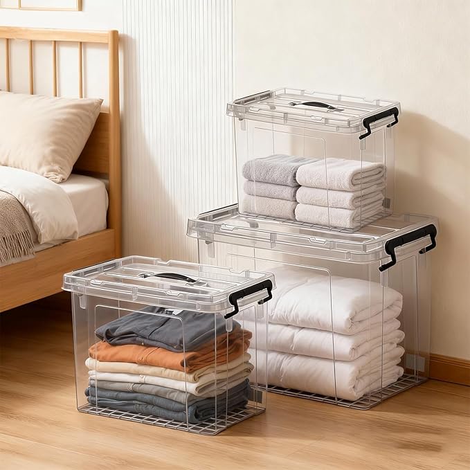 Clear Storage Bins with Lids, 4 Pack - 60 Quart Extra Large Storage Totes Boxs - Heavy Duty BPA-Free Organizing Containers Storage Boxes 4pack 60and one 28 qt & 20 qt for Home Closet