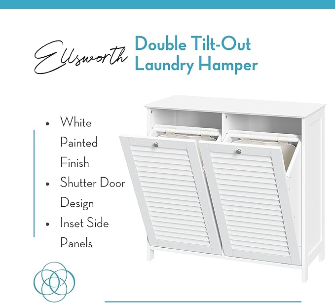 RiverRidge Ellsworth Double Tilt-Out Laundry Hamper Cabinet - Laundry Room Storage Cabinet with Removable Cloth Bag and Shutter Style Doors