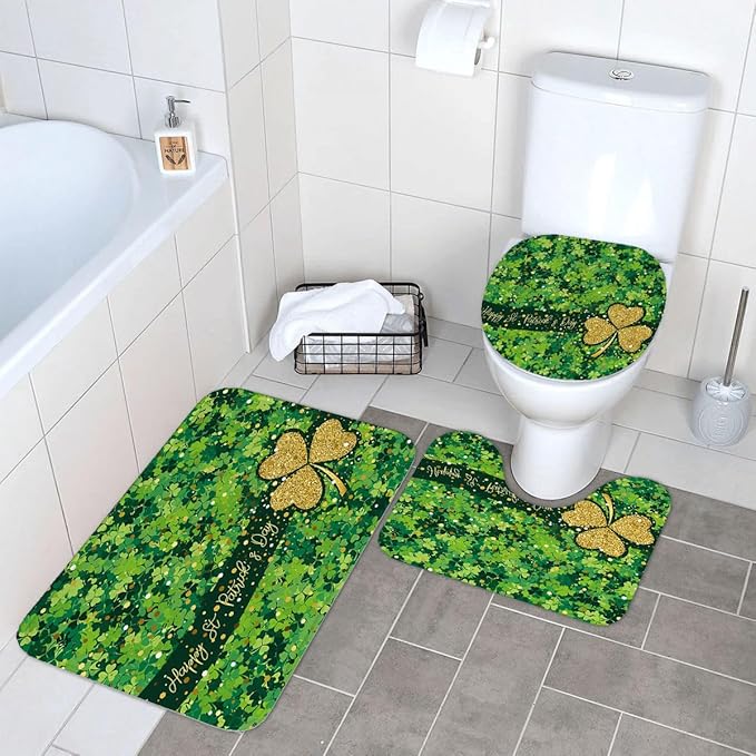 Ansouyi 4Pcs Bathroom Shower Curtain Sets with Non-Slip Rugs, Toilet Lid Cover and Bath Mat, St Patricks Day Shamrock Durable Waterproof Shower Curtain for Bathroom Set, 72x72 Inch
