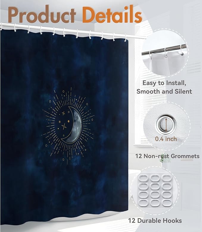 MAMUSE Shower Curtain for Bathroom - Cute Aesthetic Decorative Modern Girly Unique Girls Design Pretty Women Waterproof Fabric Cloth Cortinas de Baño Bathtub 72 x 72 Inch, Blue Moon