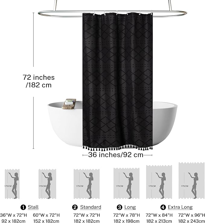 Small Stall Shower Curtain Black Fabric Shower Curtain 36 x 72 Half Size Tufted Texture Striped Textured Minimalist Cloth Shower Curtains for Bathroom