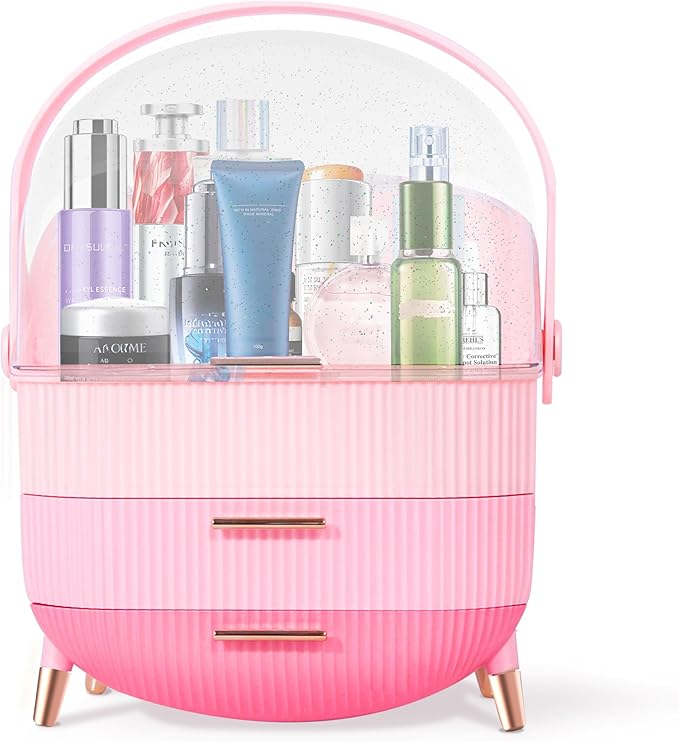 Ptesly Teen Girls Gift Makeup Organizer,Skincare Organizer Jewelry Storage,Cosmetics Storage and Display Case,Make Up Holders and Organizers for Countertop,Bathroom Organizer (Triple Pink)