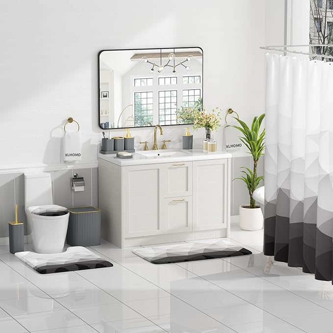 XLHOMO Bathroom Accessory Set - 26PC Bathroom Shower Curtain and Rug Set, Bathroom Accessories Set, Grey Bathroom Set with Trash Can, Toilet Brush, Qtip Holder & Soap Dispenser