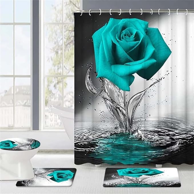 Teal Rose Modern Style Floral Shower Curtain Set with Non-Slip Rugs, Bath Mat, Toilet Lid Cover and 12 Strong Hooks for Bathroom, 70.87"W x 70.87"L