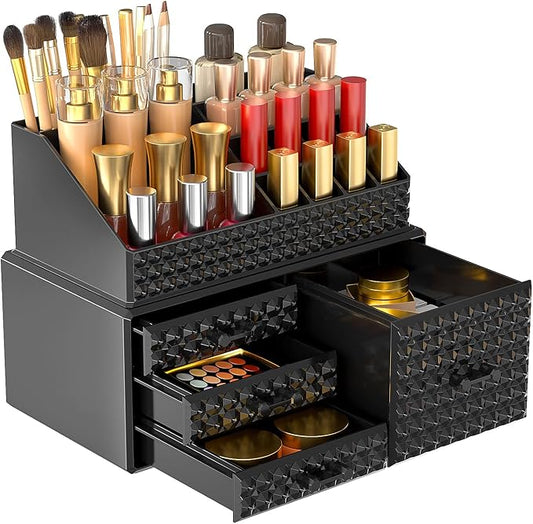 Awenia Makeup Organizer, Acrylic Cosmetics Storage Organizer with Different Adjustable Layers,Beauty Organizers For Brushes,Perfume or Jewelry Display (Black, 3 Small Drawers 1 Big Drawer)