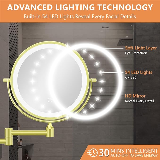 Auxmir 8'' Wall Mounted Lighted Makeup Mirror, 3200mAh Rechargeable Double-Sided 1X/20X Magnifying Mirror with Light, Touch Dimmable 3 Color Light, 360° Rotation Foldable Extended Arm, Gold