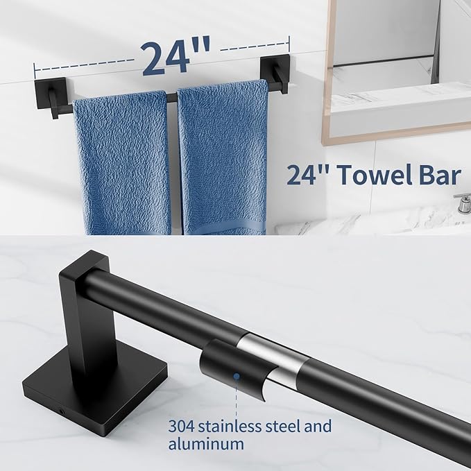 Bathroom Hardware Accessories Set 4-Pieces, Towel Racks for Bathroom Wall Mounted, Stainless Steel 24Inch Black Towel Bar Set, Round Towel Ring, Towel Hook, Toilet Paper Holder with Shelf