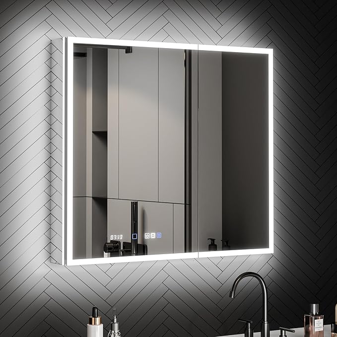 ExBrite 36 x 32 Lighted Medicine Cabinet with Mirror, Front&Backlit led Medicine Cabinet,Clock Temp Display,Defog,5X Magnifier,3 Colors Temper Dimmable,Surface or Recessed Mount,Door Wide Open