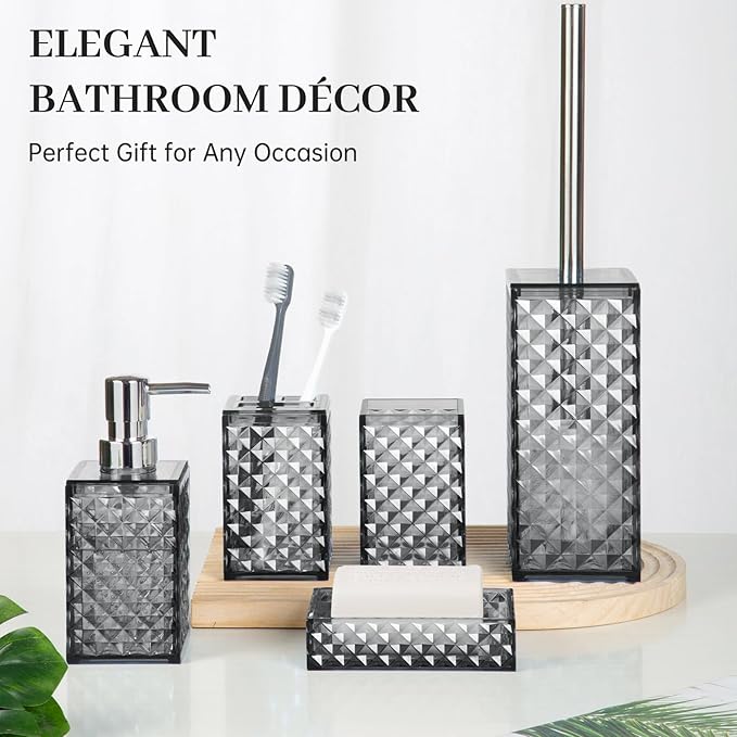 Bathroom Accessory Set, Grid Pattern 5 Pcs Plastic Bathroom Set Include Toilet Bursh, Soap Dispenser, Soap Dish, Toothbrush Holder, Mousewash Cup, Modern Bahtroom Décor Set(Dark Grey)