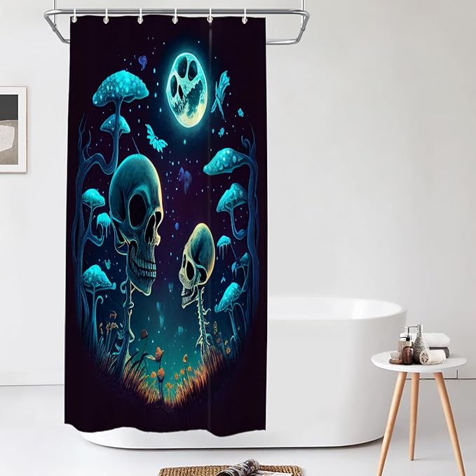 Shrahala Happy Halloween Funny Decorative Shower Curtain, Skeletons Grass Mushrooms Starry Sky Bathroom Décor Polyester Fiber Waterproof with Plastic Rings for Shower Stall Bathtubs 72 x 36 in