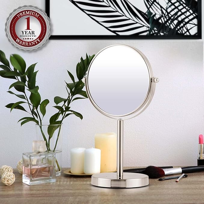 OVENTE 6'' Tabletop Makeup Mirror with 1X/7X Magnification, 360° Swivel Design, Double-Sided Free-Standing Vanity Mirror Perfect for Dresser, Bedroom and Office Desk, Nickel Brushed MNLT60BR1X7X