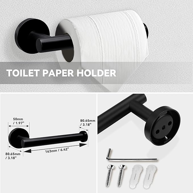 SEIDO 4-Piece Matte Black Bathroom Accessories Set – 24 Inch Double Towel Bar with Toilet Paper Holder & 2 Hooks - SUS 304 Stainless Steel Wall Mounted Hardware Kit for Bathroom, Laundry Room