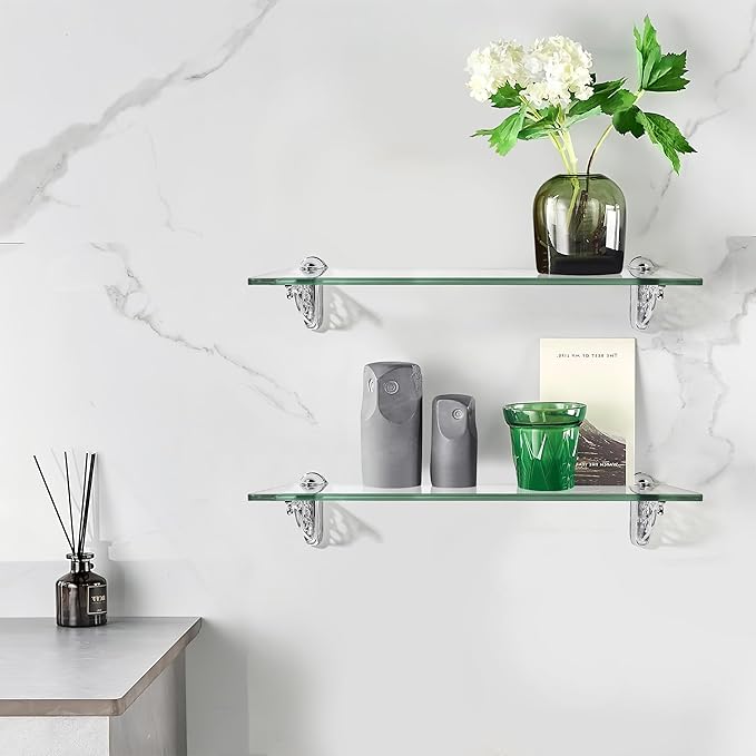 khtumeware 16 Inches Glass Shelves for Bathroom, Polished Chrome Floating Glass Shelf Zinc Tempered Glass Bathroom Shelves for Wall Mount Modern