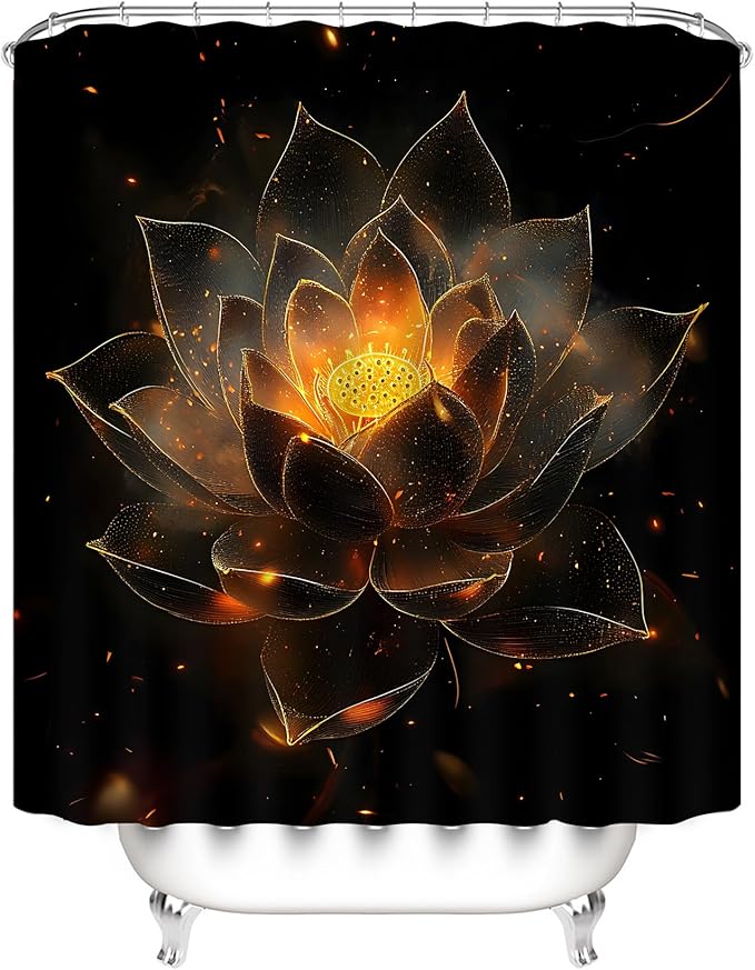 AZHM Luxury Golden Lotus Shower Curtain Set 4 PCS Black Gold Floral Bathroom Decor Set with Non-Slip Bath Rugs, Toilet Lid Cover and U-Shaped Mat