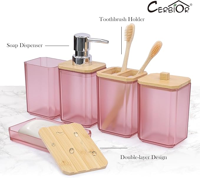 CERBIOR Bathroom Accessories Set 7 Piece Bath Ensemble Includes Soap Dispenser, Toothbrush Holder, Toothbrush Cup, Soap Dish for Decorative Countertop and Housewarming Gift (Pink)