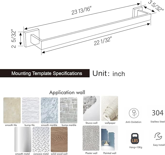 BANOLUX Towel Rack, 22 Inch Single Towel Bars for Bathroom, Towel Racks for Bathroom Wall Mounted SUS304 Hand Towel Holder Organize Heavy Duty, Brushed Nickel Towel Bar (Total Length 23.6-Inch)