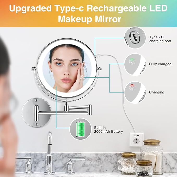 GREENFROM 30X LED Lighted Makeup Mirror: 8.5in Wall Mounted Magnifying Mirror with Light - Chrome