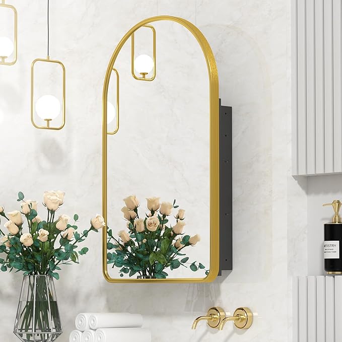 Arched Medicine Cabinet with Mirror,Recessed Medicine Cabinet,Gold Bathroom Arch Mirror Cabinet,Metal Framed Arch Medicine Cabinet Surface Mount,20x31Inch