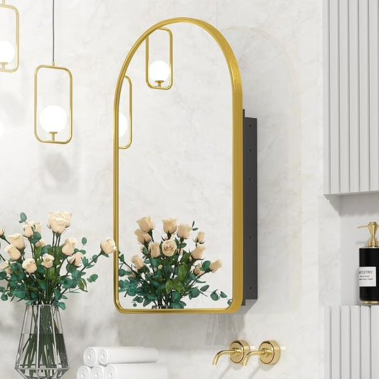 Arched Medicine Cabinet with Mirror,Recessed Medicine Cabinet,Gold Bathroom Arch Mirror Cabinet,Metal Framed Arch Medicine Cabinet Surface Mount,20x31Inch