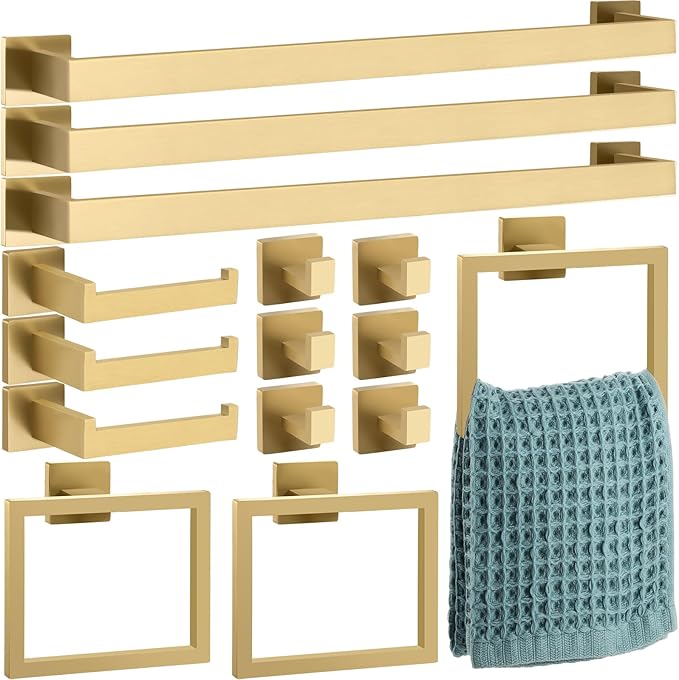 Gisafai 15 Pcs Gold Bathroom Hardware Accessories Set 23.6 Inch Bath Towel Bar Kit Stainless Steel Bathroom Hardware Set Towel Racks Ring Robe Hooks Paper Holder for Wall Mounted