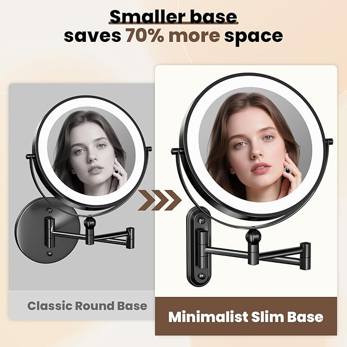 9" Wall Mounted LED Lighted Makeup Vanity Mirror - 4000mAh Rechargeable Double Sided 1X/30X Magnifying Mirror, 3 Color Lights Touch Dimmable, Height Adjustable Extended Arm 360° Swivel Bathroom Mirror