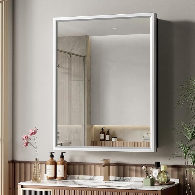 24" x 30” Silver Medicine Cabinets for Bathroom with Mirror, Aluminum Alloy Framed Mirror＆Tempered Glass Design, Recessed or Surface Wall-Mounted Metal Bathroom Vanity Mirror with Storage Cabinet