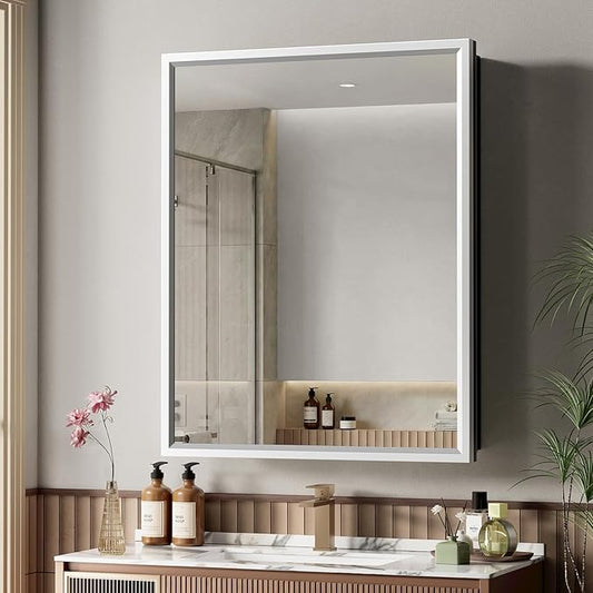 24" x 30” Silver Medicine Cabinets for Bathroom with Mirror, Aluminum Alloy Framed Mirror＆Tempered Glass Design, Recessed or Surface Wall-Mounted Metal Bathroom Vanity Mirror with Storage Cabinet