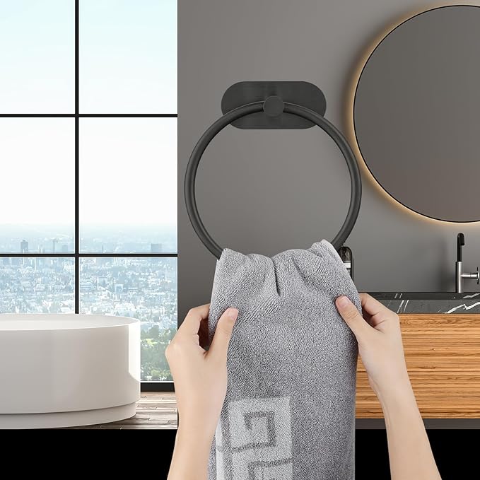 Self Adhesive Towel Ring and Toilet Paper Holder, No Drilling Stainless Steel Bathroom Hardware Set, Sturdy Bathroom Accessories for Home or Kitchen, Wall Mounted (Black)