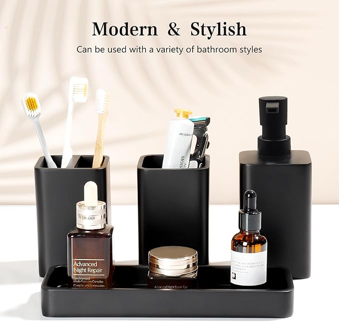 YMXYJM Bathroom Accessories Set, 4 Pcs Bathroom Accessory Set, Soap Dispenser, Toothbrush Holder, Qtip Holder Set, Bathroom Sets Complete, Bathroom Sink Set for Modern Home,Matte Black