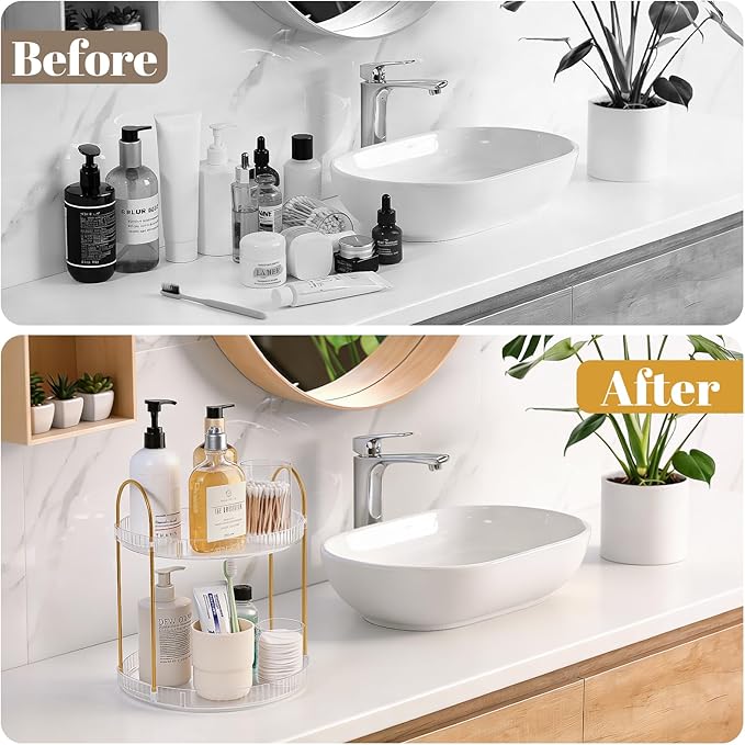 Anyoifax 360 Rotating Makeup Organizer 2 Tier Large Capacity Perfume Skincare Tray for Dresser Spinning Bathroom Counter Organizer for Vanity Lazy Susan Turntable Storage for Kitchen, Clear