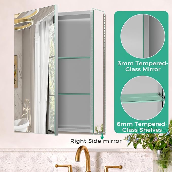 24 x 32 Inch Medicine Cabinet Mirror,Bathroom Mirror Cabinet with Adjustable Shelves,Aluminum Silver Medicine Cabinets for Bathroom,Recessed or Wall Mounted Medicine Cabinets