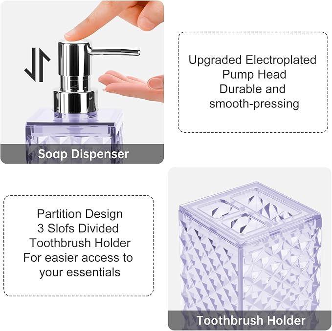 Bathroom Accessories Set 2 PCS, Purple Bathroom Accessories Include Soap Dispenser and Toothbrush Holder, Diamond Pattern Bathroom Set for Boho Bathroom Decor
