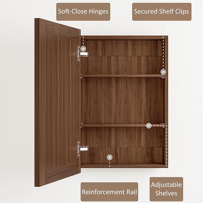 Buruis 16 x 24 Inch Walnut Grain Medicine Cabinet with Mirror, Recessed or Wall-Mounted Wood Storage Cabinet for Bathroom, Adjustable Shelves, Soft-Close Hinges, Rectangle