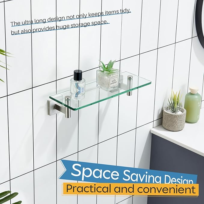 KOKOSIRI 12-Inch Bathroom Shelves Glass Floating Shelf Toilet Roll Holder Toilet Paper Holder Stainless Steel Brushed Nickel B1105BR-L12+B2008BR