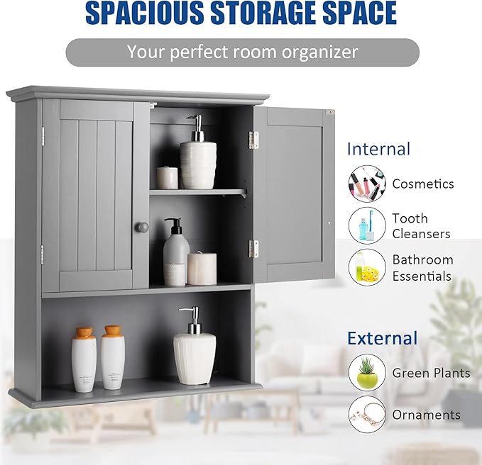COSTWAY Wall Mounted Bathroom Cabinet, Over the Toilet Storage Cabinet w/Double Doors & Adjustable Shelf, Wood Hanging Medicine Cabinet for Living Room, Entryway, Kitchen (Gray)